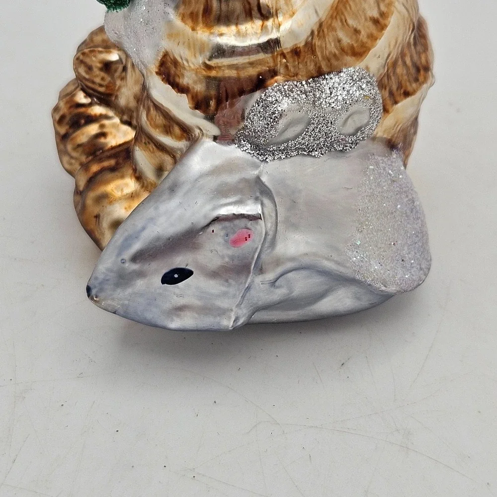 Vintage OWC Glass Cat‎ & Mouse Christmas Ornament Santa Hat